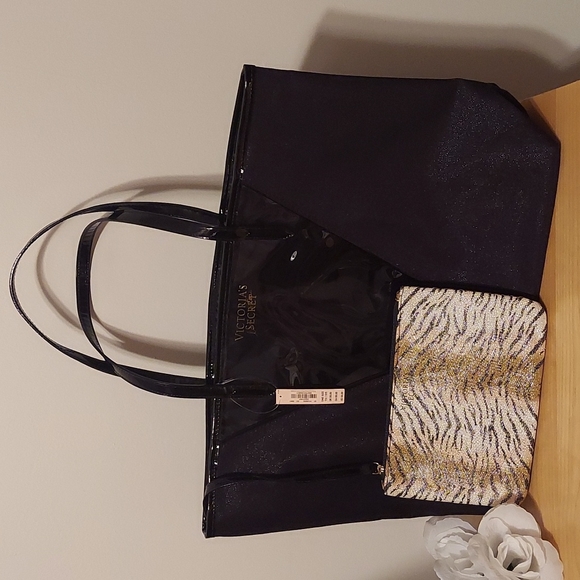 Victoria's Secret Handbags - Victoria's Secret Love Victoria Black Shimmer Tote Bag with Attached Pouch